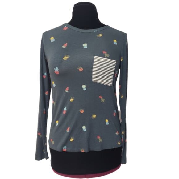 NEW Cactus Print Long Sleeve Teal Green Pocket T Shirt Small - Picture 1 of 8